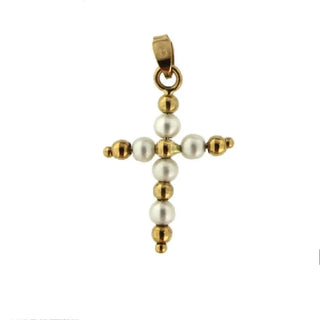 18K Yellow Gold Bead Cross with Pearl (19mm X 16mm/26mm with Bail) , Amalia Jewelry