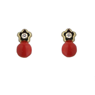 18K Solid Yellow Gold Coral and Diamond Flower covered skewback Earrings Amalia Jewelry