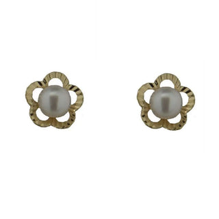 18K Solid Yellow Gold Diamond Cut Flower with Center Pearl Covered Screwback Earrings , Amalia Jewelry