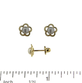 18K Solid Yellow Gold Diamond Cut Flower with Center Pearl Covered Screwback Earrings , Amalia Jewelry