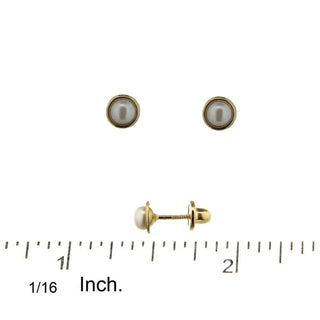18K Solid Yellow Gold 4mm Pearl Bezel Stud Covered Screw back Earrings , Amalia Jewelry