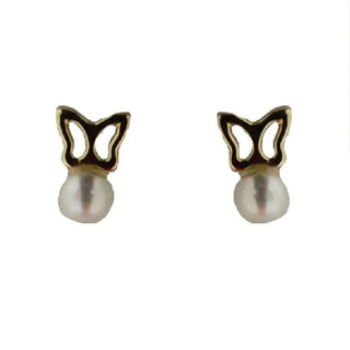 18k Solid Yellow Gold open Butterfly and Cultivated Pearl Covered screwback earrings , Amalia Jewelry