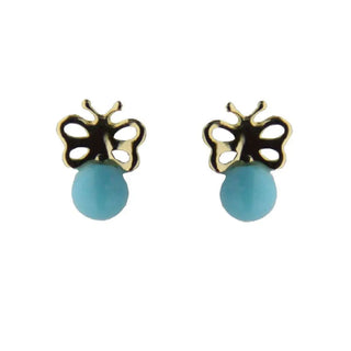 18K Solid Yellow Gold Butterfly and Turquoise Covered Screwback Earrings , Amalia Jewelry