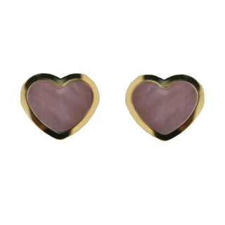 18K Solid Yellow Gold Pink Mother of Pearl Heart Screwback Earrings , Amalia Jewelry