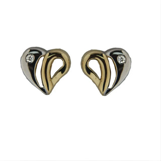 18K Solid Two Tone Diamond Open Heart Covered Screwback Earrings Amalia Jewelry