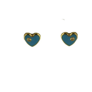 18K Solid Yellow Gold Blue Enamel Heart with Diamond Screwback Earrings , Amalia Jewelry