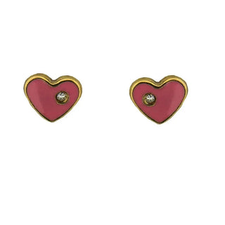 18K Solid Yellow Gold Pink Enamel Heart with Diamonds Earrings , Amalia Jewelry