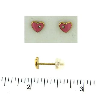 18K Solid Yellow Gold Pink Enamel Heart with Diamonds Earrings , Amalia Jewelry