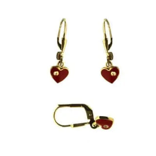 18K Solid Yellow Gold Red enamel Dangle Heart with Diamond Leverback earrings Amalia Jewelry
