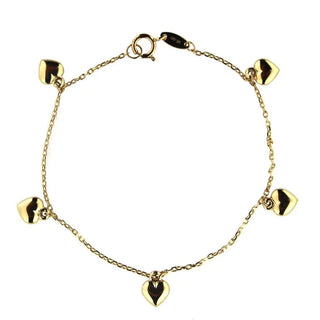 18K Solid Yellow Gold Dangling Puffy Hearts Bracelet 6 inches , Amalia Jewelry