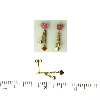 18K Solid Yellow Gold Pink Enamel Heart Earrings with Diamond Dangles Amalia Jewelry