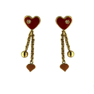 18K Solid Yellow Gold Red Enamel Heart Screwback Earrings with Diamond Dangles Amalia Jewelry