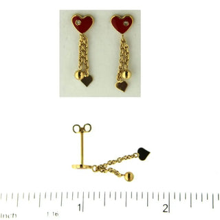18K Solid Yellow Gold Red Enamel Heart Screwback Earrings with Diamond Dangles Amalia Jewelry