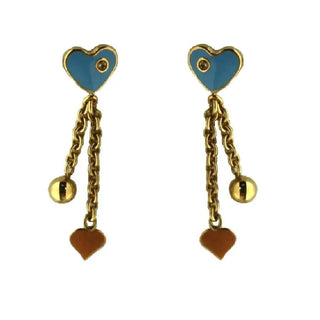 18K Solid Yellow Gold Blue Enamel Heart with Diamond Dangle Screwbacks Amalia Jewelry