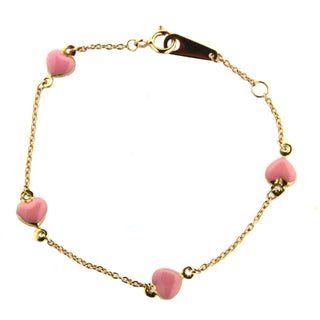 18K Yellow Gold Bracelet with Pink Enamel Hearts, 6 inch , Amalia Jewelry