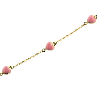 18K Yellow Gold Bracelet with Pink Enamel Hearts, 6 inch , Amalia Jewelry
