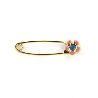 18K YG Safety Pin with Pink and Blue Flower (29mm X 5mm) Amalia Jewelry