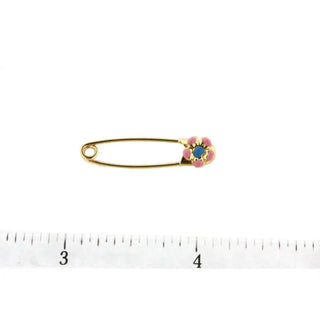 18K YG Safety Pin with Pink and Blue Flower (29mm X 5mm) , Amalia Jewelry