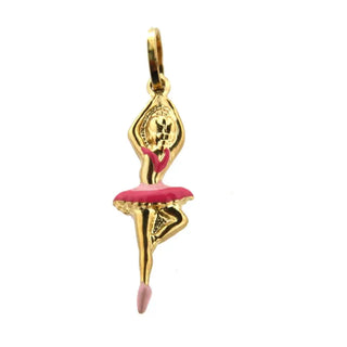 18K Yellow Gold Pink Enamel Ballerina Charm (24mm X 9mm/32mm with Bail) , Amalia Jewelry