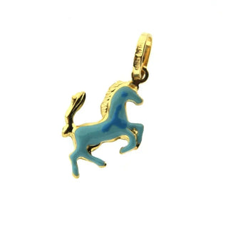 18K Yellow Gold Blue Enamel Horse Charm (15mm x 11mm / 25mm with Bail) Amalia Jewelry