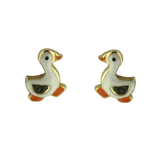 18K Yellow Gold White Enamel Duck Post Earrings (6mm X 9mm) , Amalia Jewelry