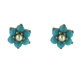 18K Solid Yellow Gold Turquoise and Pearl Flower Covered Screwback Earrings , Amalia Jewelry