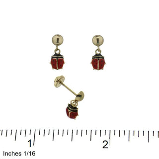 18K Solid Yellow Gold Dangled Lady Bug Enamel Earrings with Covered Screwbacks , Amalia Jewelry