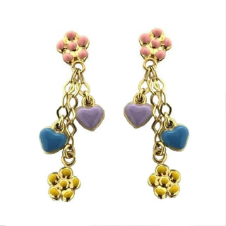 18K Yellow Gold Multi Color Enamel Heart and Flower Earrings (33mm X 5mm) Amalia Jewelry