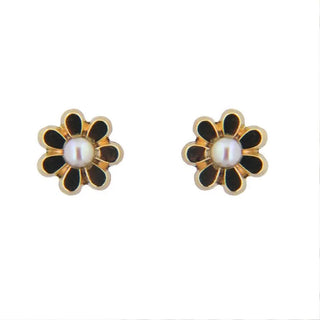 18K Solid Yellow Gold Culltivated Pearl Flower Covered Screwback Earring , Amalia Jewelry