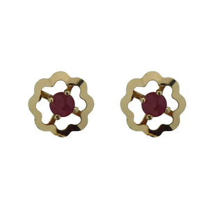 18K Yellow Gold Ruby Flower Earrings with covered screwbacks (5mm) , Amalia Jewelry