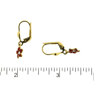 18K Solid Yellow Gold Red Enamel Flower Lever Back Earrings , Amalia Jewelry