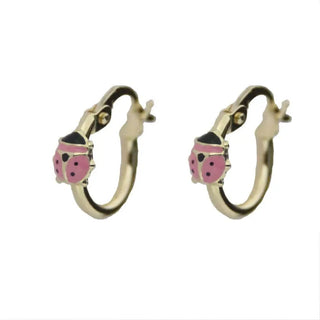 18K YG Pink Enamel Lady Bug Hoop Earrings 11mm , Amalia Jewelry