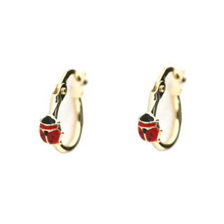 18K Yellow Gold Red Enamel Lady Bug Hoop Earrings 11mm , Amalia Jewelry