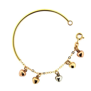 18K Tri Color Baby Half Bangle with Heart Charms 5 inches Amalia Jewelry