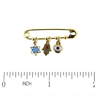 18K Solid Yellow Gold Enamel Hamsa ,Evil Eye and Star David Safety Pin , Amalia Jewelry