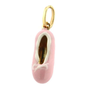 18K Yellow Gold Pink Enamel Ballet Slipper Charm (15mm X 5mm/23mm with Bail) Amalia Jewelry