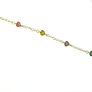18K Yellow Gold Multi Color Enamel Heart 6 inch Braclet 5.75 inch , Amalia Jewelry