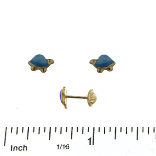18K Solid Yellow Gold Blue Enamel covered Screwback Earrings Amalia Jewelry