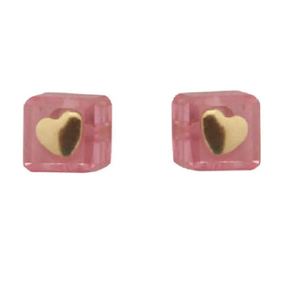 18K Solid Yellow Gold Heart & Acrylic Pink Cube Covered Screwback Earrings , Amalia Jewelry