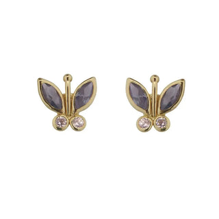 18K Solid Yellow Gold Blue Cubic Zirconia Butterfly Covered Screwback Earrings , Amalia Jewelry