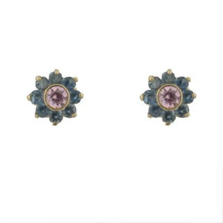 18K Yellow Gold Covered Screwback Earrings with Blue Zirconia Petals and Pink Zirconia Center Amalia Jewelry