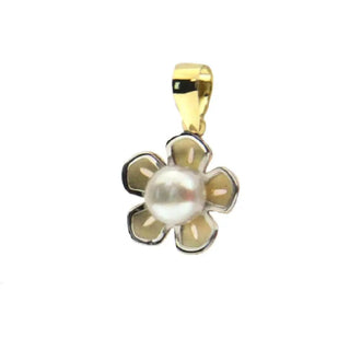 18k two tone pearl flower pendant 0.56 with bail 4 mm pearl , Amalia Jewelry