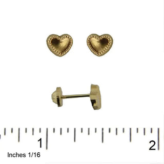 18K Solid Yellow Gold Heart with a Bordered Outline of Small Dots covered screwback Earrings , Amalia Jewelry
