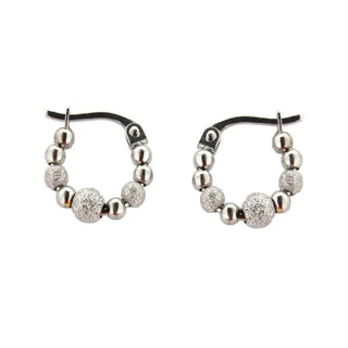 18K Solid White Gold Polished and Diamond Cut Beads Hoop Earrings 11mm , Amalia Jewelry