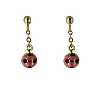 18K Solid Yellow Gold Dangle pink enamel soccer earrings , Amalia Jewelry