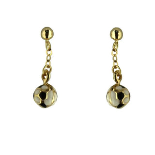 18K Solid Yellow Gold White and Black Enamel Soccer Dangling Pots earrings , Amalia Jewelry