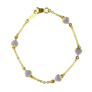 18 Kt Yellow Gold Bracelet with Lilac Enamel Hearts in line 6 inches Amalia Jewelry