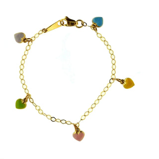 18Kt Yellow Gold Multi Color Hanging Heart Bracelet , Amalia Jewelry