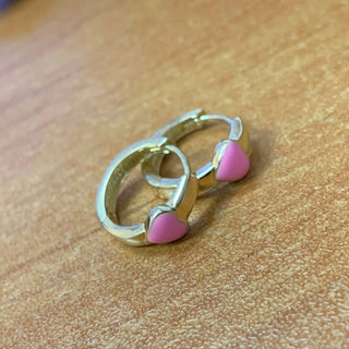 18Kt Solid Yellow Gold Pink Enamel Heart Hinged Hoop Huggie Earrings 0.53 inch Diameter x 0.20 inch , Amalia Jewelry