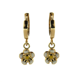 18K Solid Yellow Gold Hinge Hoop Huggie Earrings with White Enamel Flower , Amalia Jewelry
